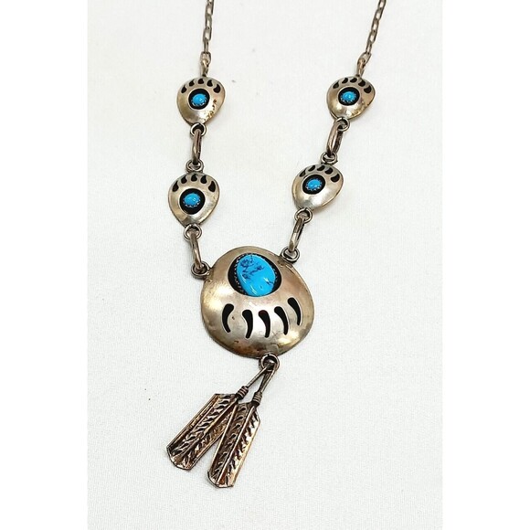 NAVAJO Bear Paw Shadow Box Turquoise W/Dangle Feathers Silver 925 Necklace - Picture 3 of 11